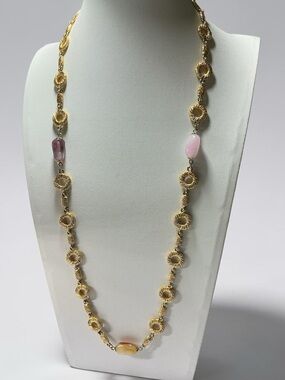 Vintage Gold Tone Textured Open Circle Link Necklace Tumbled Stone Stations